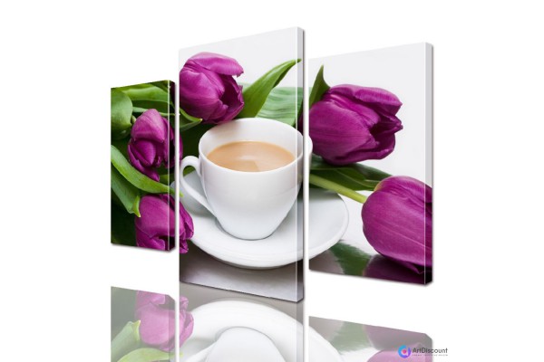 Модульные картины цветы Тюльпаны с Чашкой кофе ADFL0014